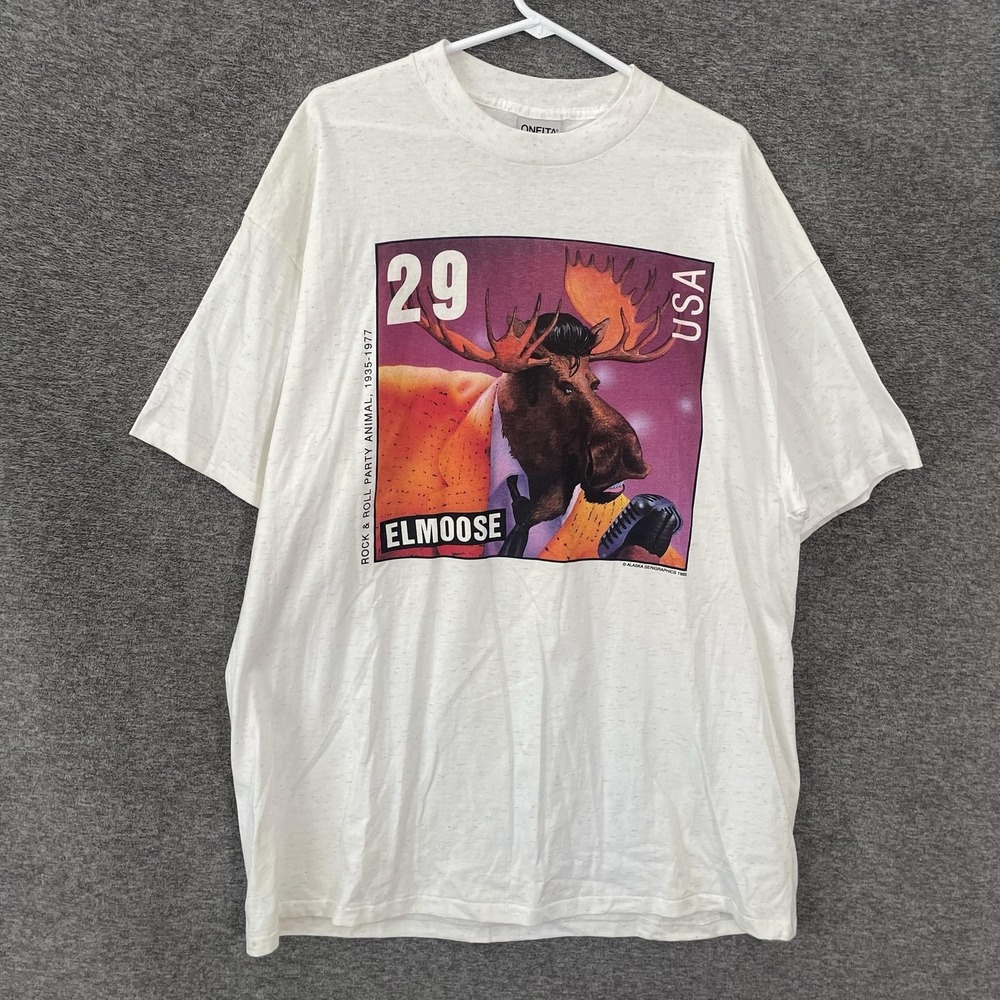 VTG Oneita Elmoose Shirt Mens 2XL White Moose Elvis Graphic Tee 1993 USA 90s